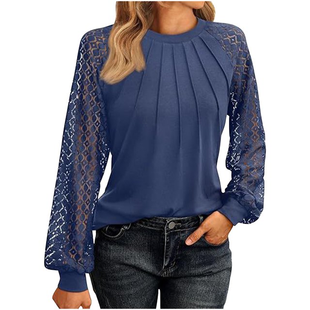 Timegard Hauts pour Femmes Dentelle Manches Longues Épaules Tombantes Blouse Froncée Automne Décontractée Col Rond T-Shirt Confortable Hauts