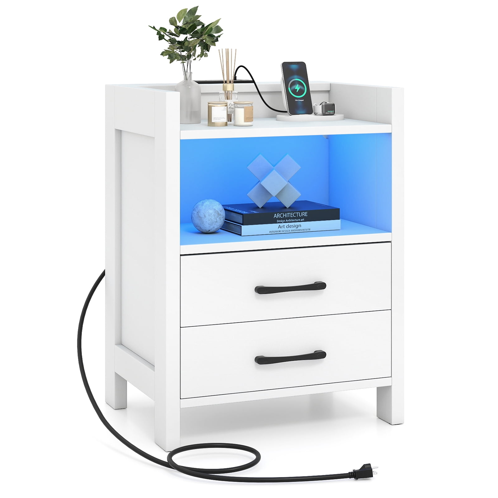 Gymax Nightstand w/ LED Lights & Charging Station 23.5'' Smart Bedside Table w/ Drawer & Open Storage Shelf