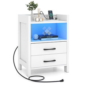 Gymax Table de chevet LED Lumières & Station de recharge 23.5'' Table de chevet intelligente avec tiroir & Table de rangement ouverte