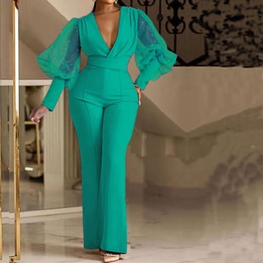 SuoKom Rompers For Women Fashion Womens WinterSolid Sequins Patchwork Long Sleeve V-Neck Jumpsuits Vacation Outfits For Women On Clearance