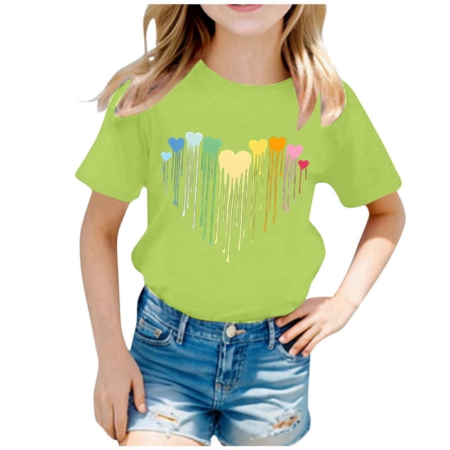 LUOGENLI T-Shirt pour Filles Enfant Filles Mignon Mode Imprimé Col Rond Manches Courtes Tee Été Décontracté Doux Ample T-Shirt Hauts Maxi Hauts Ensembles Filles Tenue 2 Pcs Plage Vert Clair 6-8 Ans