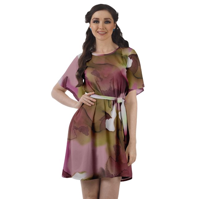 Moomaya Robes en Georgette de Mousse Imprimée pour Femmes Tunique Ligne A avec Ceinture à Cordon