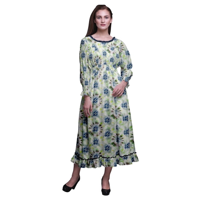 Bimba Tie-Dye Ladies Bishop Sleeve Round Neck Ruffle Maxi Smocked WaistDress-X-Small