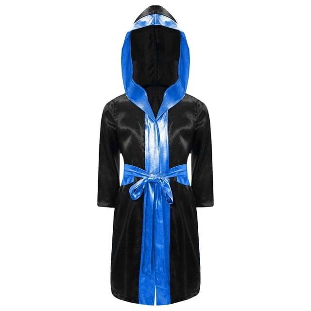 Alvivi Enfants Garçons Robe de Boxe Art Martial Muay Thaï Uniforme Manches Longues Kick Boxe Robe à Capuche Ensembles Noir&Bleu D 12