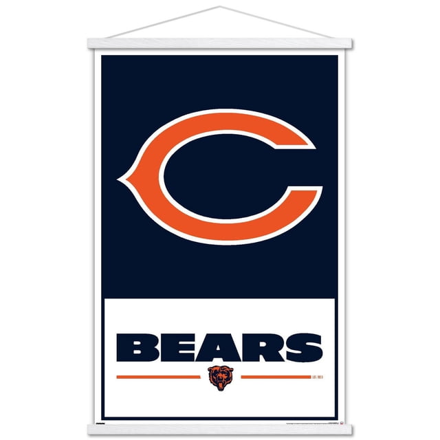 NFL Chicago Bears - Logo 21 Wall Poster, 22.375" x 34" framed, displaying a prominent orange 'C' logo on a navy blue background above bold navy 'BEARS' text on a white panel with an orange bear head emblem and horizontal orange lines, framed in white with a sawtooth hanger, suitable for home or office wall décor.