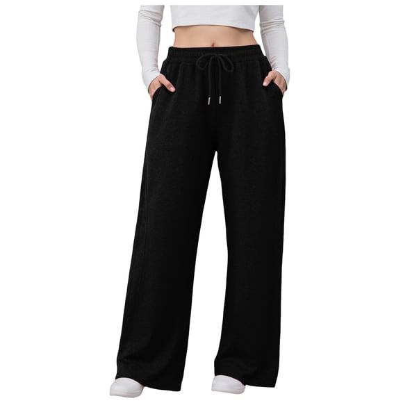 Ccpelsie Womens Casual Sweatpants Fashion Fall Baggy Wide Leg Sweatpant Warm Winter Straight Leg Sweat Pants with Pockets(Black,L)