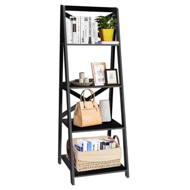 Giantex Modern 4-Tier Ladder Shelf, Free Standing Wooden Bookcase, Organizer Shelf for Living Room Kitchen Office, Black