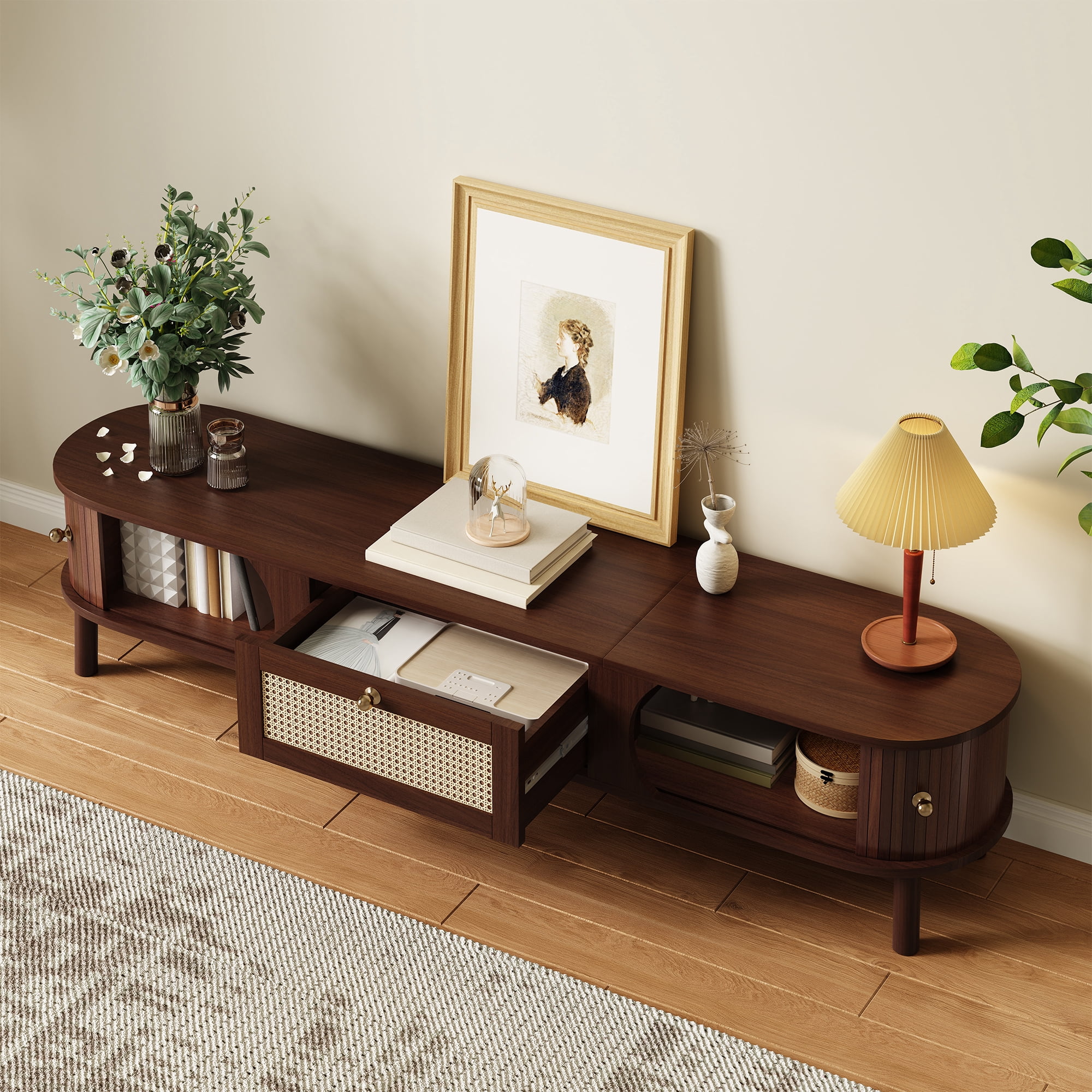 Noble House Meuble TV avec Portes à Lattes en Bambou et Tiroirs en Rotin, Solution de Rangement pour Console Multimédia Rustique, Naturel