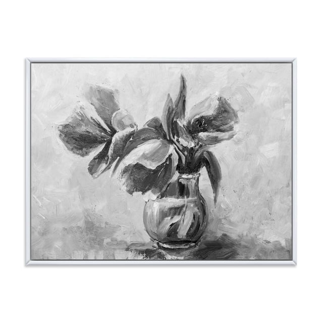 Designart Monochrome Still Life Of Flowers In A Vase FLOAT FRAME WALL ART depicting a grey-scale floral painting with three flowers and leaves in a glass vase, printed on premium cotton canvas with fade-resistant ink, gallery-wrapped on a 1-inch wood sub frame, ready to hang and ideal for adding traditional style to home décor.