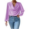 thumbnail image 1 of Pompotops T-shirt Décontracté à Manches Longues en Chiffon d'Automne pour Femmes, Col en V Drapé, Liquidation, 1 of 8