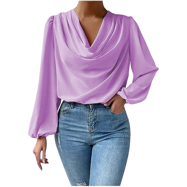 Pompotops T-shirt Décontracté à Manches Longues en Chiffon d'Automne pour Femmes, Col en V Drapé, Liquidation