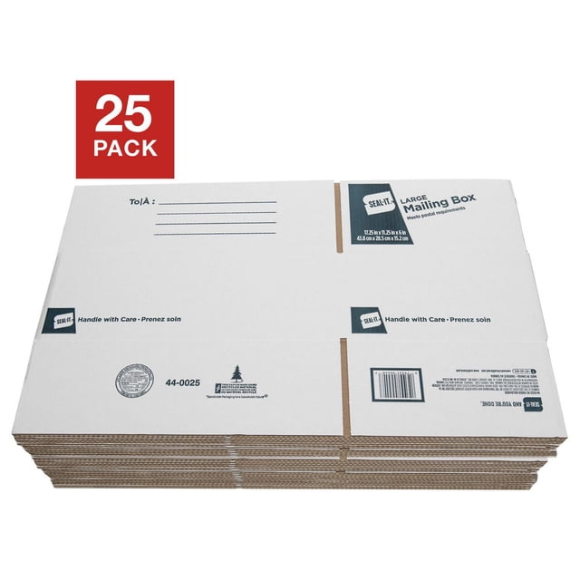 Seal-It Large Mailing Box 17.25 x 11.25 x 6 Inches, 25 Pack showing a stack of flat, white corrugated cardboard shipping boxes with printed mailing address lines and 'Handle with Care' text, certified with 32 lb. edge crush test rating, ideal for mailing, storage, and moving fragile items.
