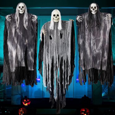 Joyfy 3 Pack Halloween Hanging Ghosts, (2 Pcs 80 cm & 1 Pc 134 cm) Scary Skeleton Ghosts Grim Reapers Decorations for Halloween Indoor Outdoor Yard Home Decorations