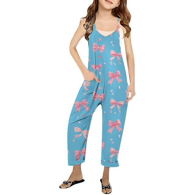 Girls Overall Bow Print Rompers for Girls Sleeveless Rompers with Pockets Summer Outfits for Girls 4-5 Y