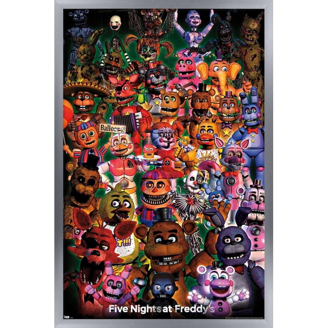 Five Nights at Freddy's - Affiche Murale de Groupe Ultime, 22,375 Pouces x 34 Pouces Affiche Murale Encadrée Présentant un Groupe de Personnages Animatroniques Colorés de la Série de Jeux, Orienté vers l'Avant et Bien Serré. l'Affiche Montre des textures Détaillées et des Couleurs Vibrantes sur des Personnages Emblématiques Incluant Freddy Fazbear, Bonnie, Chica, Foxy et Autres, sur un Fond Vert Foncé avec le Titre Blanc « Five Nights at Freddy's