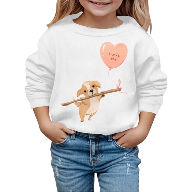PMVFHDE Chandails à Col Rond Fille Automne et Hiver Saint-Valentin à la Mode et Intéressant Imprimé Chiot Chandail à Capuchon pour Enfants Blanc, 6-7 Ans