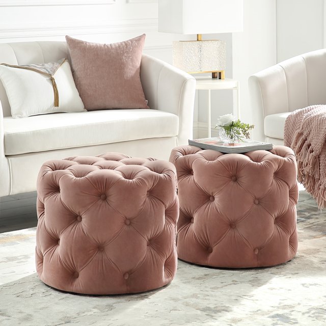 Inspired Home Ottoman en Velours Sablé Rond Moderne Contemporain 1 Pce, Blush