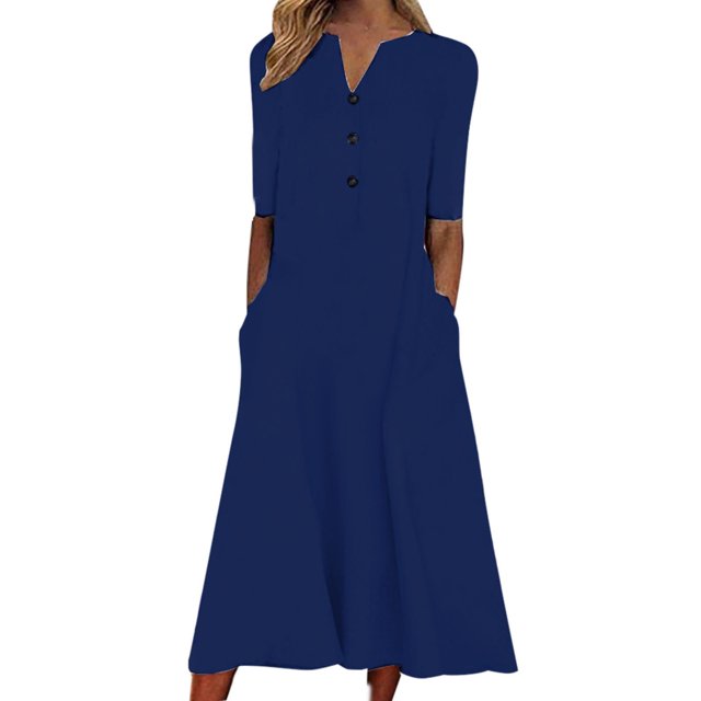 Babysbule Liquidation Robe d'Été Femme Mode Femmes Été Imprimé Décontracté Col en V Bouton Manches Courtes Vacances Poches Robe