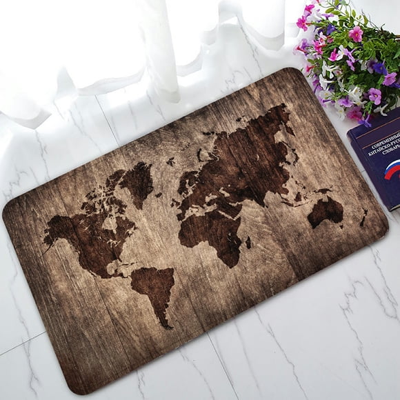 BSDHOME Earth Map Doormat, World Map on Wooden Pattern Doormat Outdoors/Indoor Doormat Home Floor Mats Rugs Size 30x18 inches
