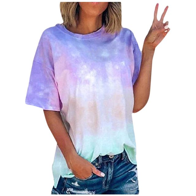 RKSTN Blouses pour Femmes Été T-Shirts Teinture sur Nœuds à Manches Courtes Col Rond Décontractés Amples, P-5TG