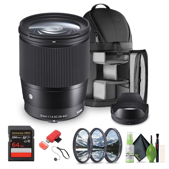 Sigma Objectif Contemporain 16mm f/1.4 DC DN pour Sony Monture E (Pièce MFR No 402965) Ensemble. Idéal pour Portraits Professionnels Mariages Aventure Intérieure/extérieure, Faune, Voyage et Photo + Accessoires