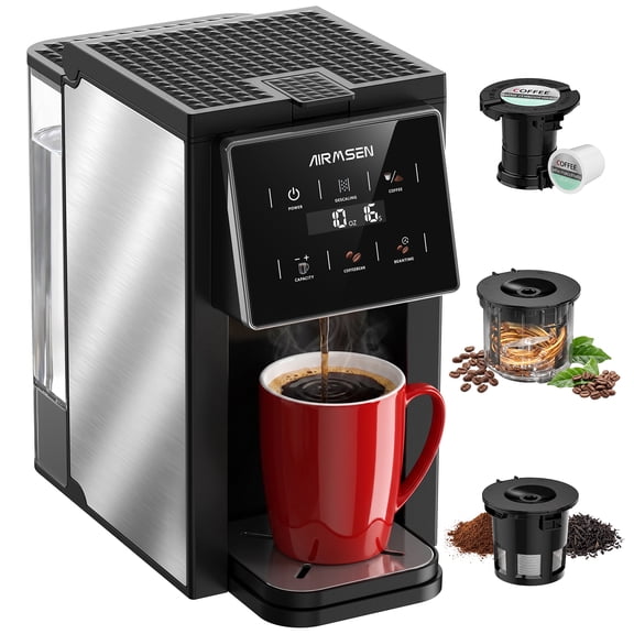 AIRMSEN 3 in 1 Single Serve Coffee Maker with Grinder, K Cup Coffee Machine Compatible with Grounds and Beans, Instant Coffee Pot with 5 Grind Levels & 6-14oz Cup Sizes, BPA-Free