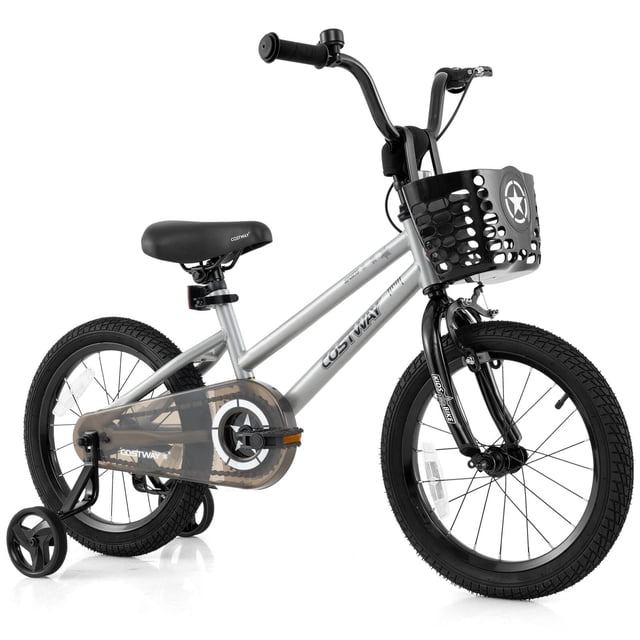 Costway 16" Kid's Bike with Training Wheels Adjustable Handlebar & Seat Handbrake Silver
