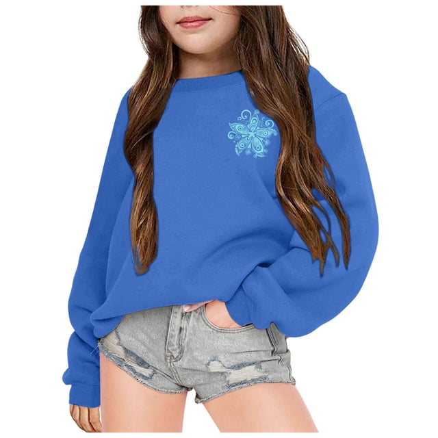 MEZZALL Chandail à Capuche Imprimé Fleuri Mode Décontractée pour Filles Manches Longues, Bleu, 5-6 Ans