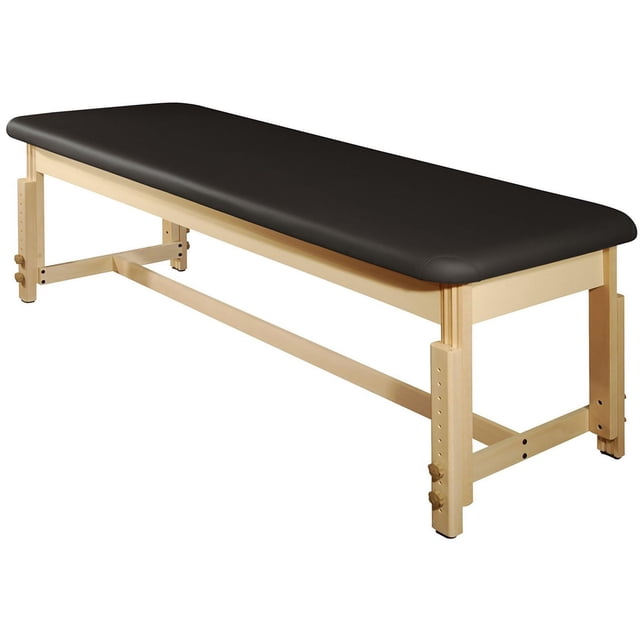 Master Massage 28" Harvey Treatment™ Stationary Massage Table with black 2-inch high density hard foam vinyl top and adjustable natural European beech wood frame, supporting up to 1,000 lbs, shown from a front 3/4 angle on white background.