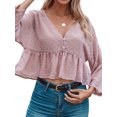 thumbnail image 3 of Women Swiss Dots Buttons Ruching Hem Deep V Neck 3/4 Sleeves Summer Blouse, 3 of 7