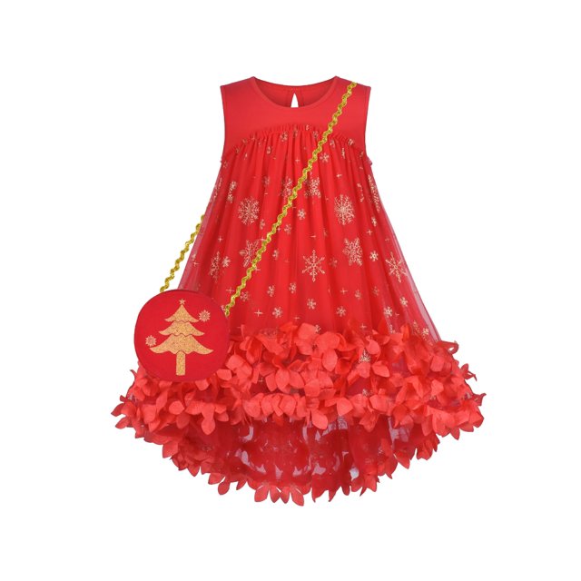Girls Dress Christmas Bag 2pc Set Christmas Tree Snow 3D Floral 5 Years