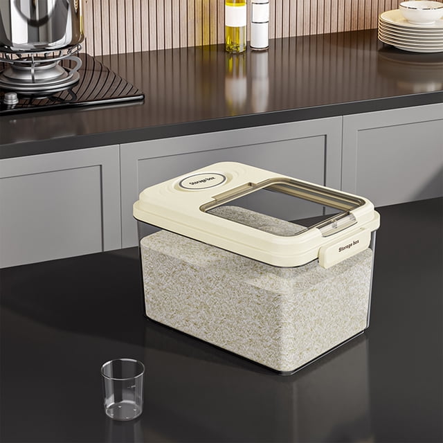 Large Airtight Rice Container with a 22lb capacity, designed for food storage such as rice, cereal, or pet food. Made of durable plastic with a beige lid featuring a transparent window for visibility. Includes a magnetic lid and a measuring cup for convenience. The container is shown on a modern kitchen countertop.