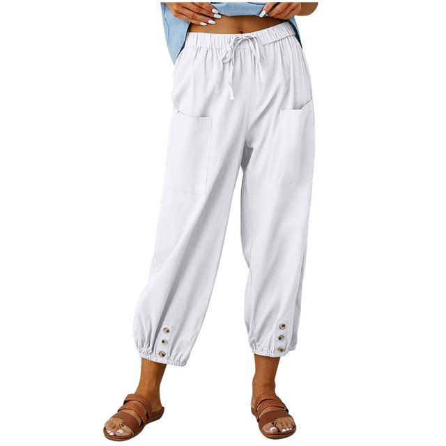 Women‘s Cotton Linen Pants Drawstring Elastic Waist Capri Pants Lounge Pants with Pockets