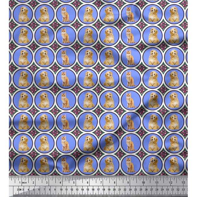 Soimoi Polyester Crepe Fabric Floral,Dog & Cat Animal Print Fabric by The Yard 52 Inch Wide