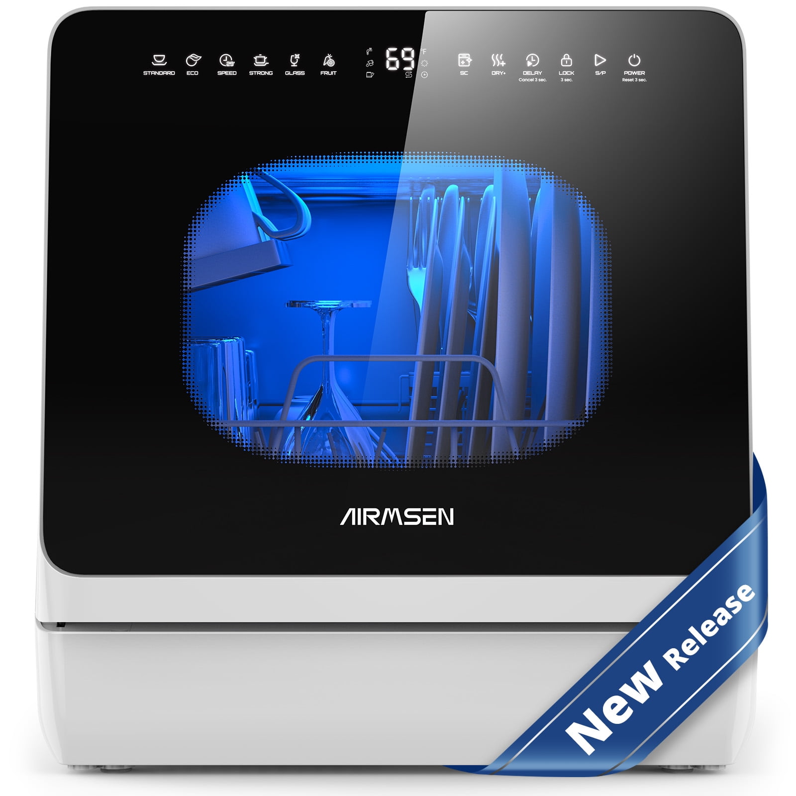 AIRMSEN Countertop Dishwasher with Salt Chamber, Portable Mini Dishwasher with 5L Built-in Water Tank, 18H Delay Start & ECO Mode, Ideal for Apartments & RVs, TDQR09