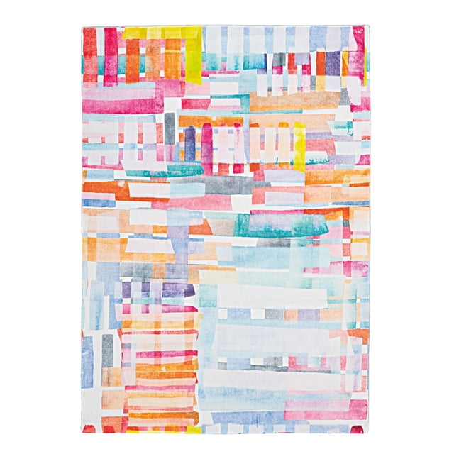 Motif Printed Faux Rabbit Swatch Pink & Blue 5 ft. x 7 ft. Area Rug with a modern abstract pattern of pastel pink, blue, orange, yellow, and gray rectangular blocks layered in an ombre effect on ultra-soft faux rabbit fur, ideal for accenting small rooms or defining spaces in home décor.