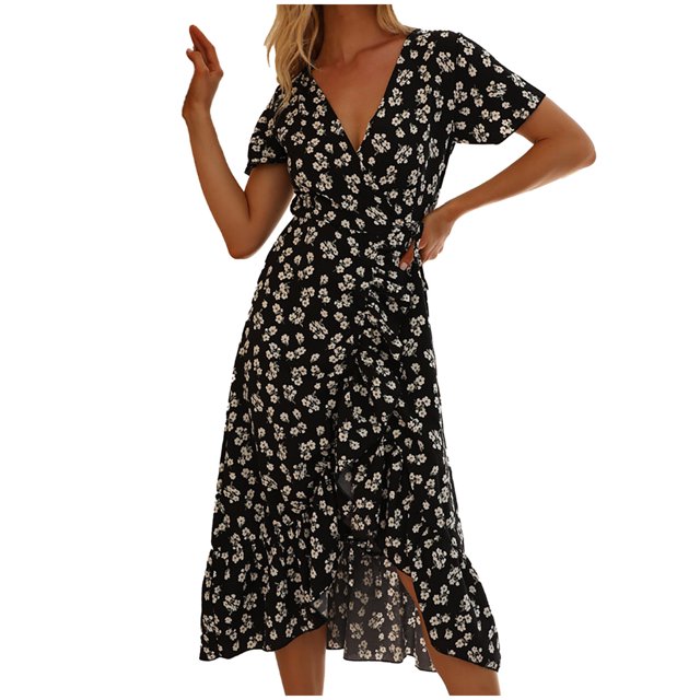 RKSTN Robe Maxi d'Été pour Femme à Volants, Bandage, Robe Longue Décontractée, Col en V, Imprimé, Manches Courtes