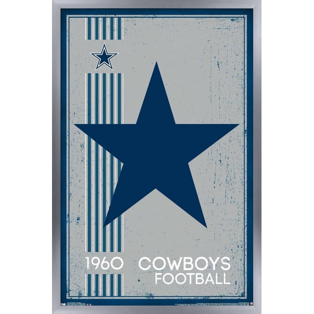 NFL Dallas Cowboys - Affiche Murale Logo Rétro 14, Affiche Encadrée 22,375 Pouces x 34 Pouces avec une Grande Étoile Bleu Marine sur un Fond Gris Vieilli avec des Rayures Verticales et une Petite Étoile en Haut à Gauche, Texte Blanc Lisant « 1960 Cowboys Football », Idéale pour la Déco Murale de la Maison Ou du Bureau.