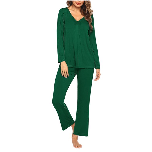 Timegard Ensembles de Pyjamas pour Femmes 2 Pcs Manches Longues Col en V Haut Froncé et Pantalon Automne Décontracté Doux Tenues de Pjs