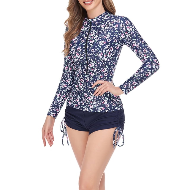 Aboser Rash Guard for Women Two Piece Surfing Swimsuit Printed Long Sleeve Bathing Suit Athletic Zip Front Swimwear Sun Protection Wetsuit with Shorts