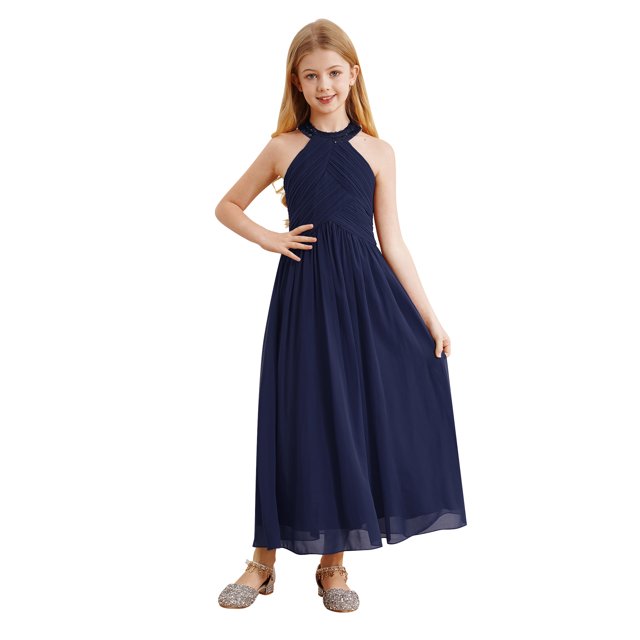 renvena Robe de Demoiselle d'Honneur pour Fille, Enfants, Dos Nu, Sans Manches, en Mousseline, Robe de Fête, Mariage, Bleu Marine, 8