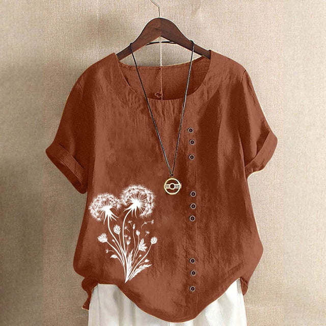 UPPADA Tuniques à Manches Courtes pour Femmes Col Rond Coton Lin Chemises Décontractées Imprimé Floral Bouton Blouse Ample Grande Taille Tunique Ample Coupe Décontractée Bouton Blouse Ample Confortable Café,m