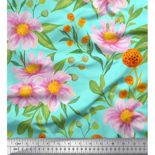 Soimoi Poly Georgette Fabric Leaves & Wild Flower Print Fabric by the Yard 52 Inch Wide