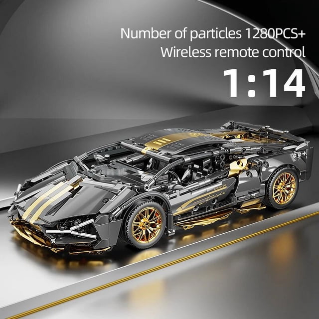 Technical Racing Sport Car 1280PCS Model Building Blocks designed as a black and gold supercar with detailed mechanical features. Made from ABS plastic self-locking bricks, compatible with Lego, and includes wireless remote control. Perfect for ages 3-6, 6-12, 14+, and adults, this toy car puzzle is ideal for play vehicles enthusiasts and builders.