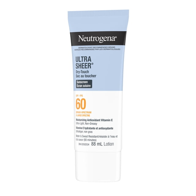 Neutrogena Ultra Sheer Écran Solaire au Toucher Sec Fps 60 tube de 88 ml avec Emballage Bleu Pâle et Blanc, Offrant une protection à Grand Spectre contre les Uv/vb, Antioxydant Hydratant Vitamine E, Résistance à l'Eau et à la Sueur pendant 80 minutes, et une lotion à Absorption Rapide, Non Grasse, Convenant aux Soins du Visage et du Corps contre le Soleil.