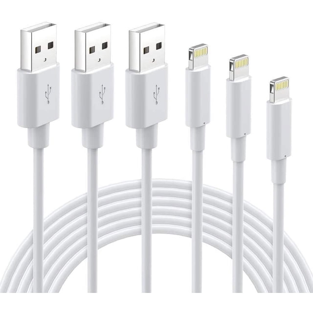 DEBGFS 3Pack for Charger Cord MFi Certified - Lightning Cable 3ft Durable Lightning to USB A Charging Cable. The image shows three white 3-foot lightning cables with USB A connectors on one end and lightning connectors on the other. Designed for fast charging and data transfer, these cables are compatible with iPhone 13, 12, 11 Pro Max, iPad, and AirPods. The cables feature a reinforced design for durability and reduced resistance for faster charging.