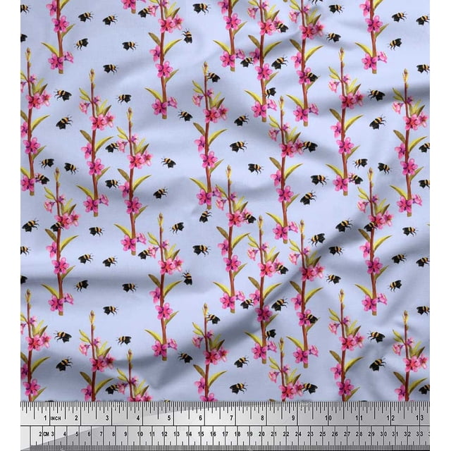 Soimoi Velvet Fabric Leaves,Floral & Honey Bee Insects Print Sewing Fabric Yard 58 Inch Wide