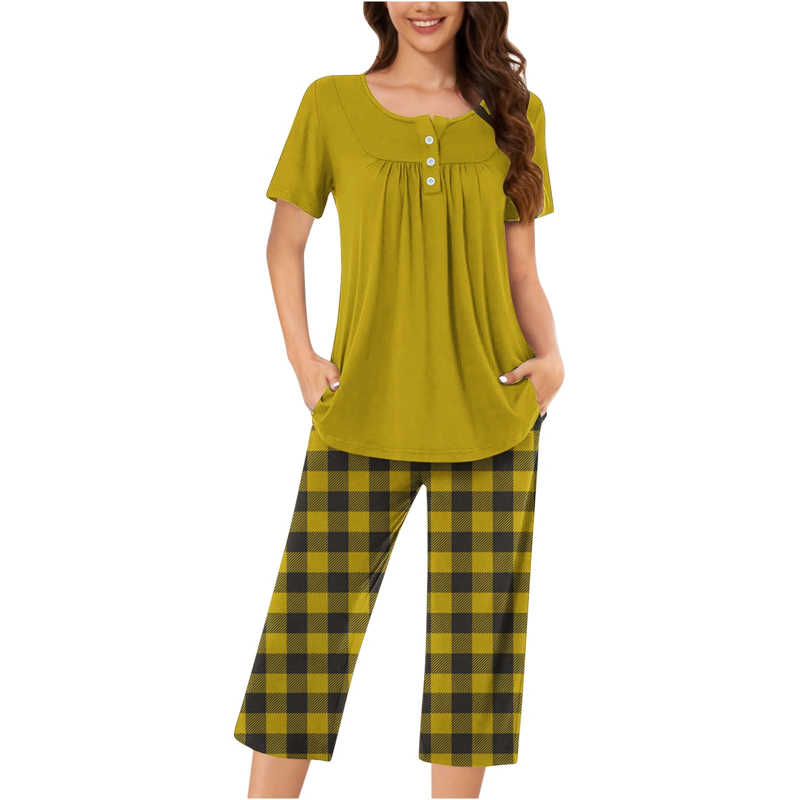 Timegard Womens Pajamas Sets Lounge Short Sleeve Pleated Top Checkered Capri Pants with Pockets Pjs Outfits
