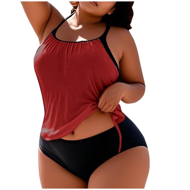 FAVIPT Women Plus Size 2 Piece Tankini Ruched Drawstring Tummy Control Bathing Suit Tropical Summer Beach Swimsuit Wine,XXXXXL