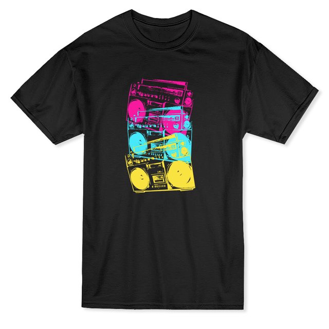 Triple Multicolor Old Radio Medium Front Vertical Graphic Men's Black T-shirt